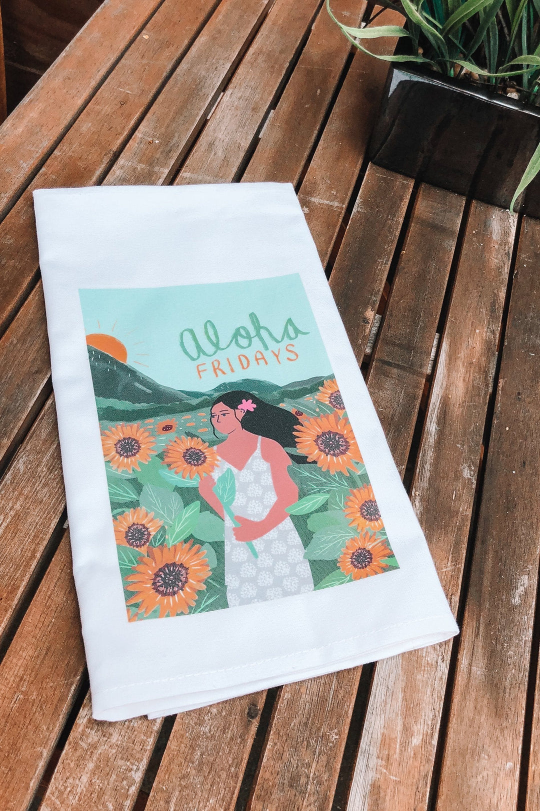 Cinnamongirl.com Kitchen Towel "Aloha Fridays " Sunflower Tea Towel