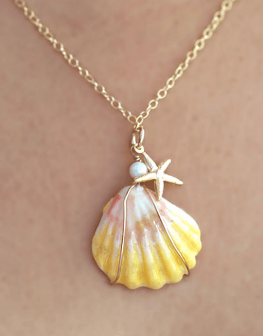 Hawaiian Sunrise Shell with Fresh Water Pearls and Starfish Charm necklace 14 KT Gold filled (5586559664292)