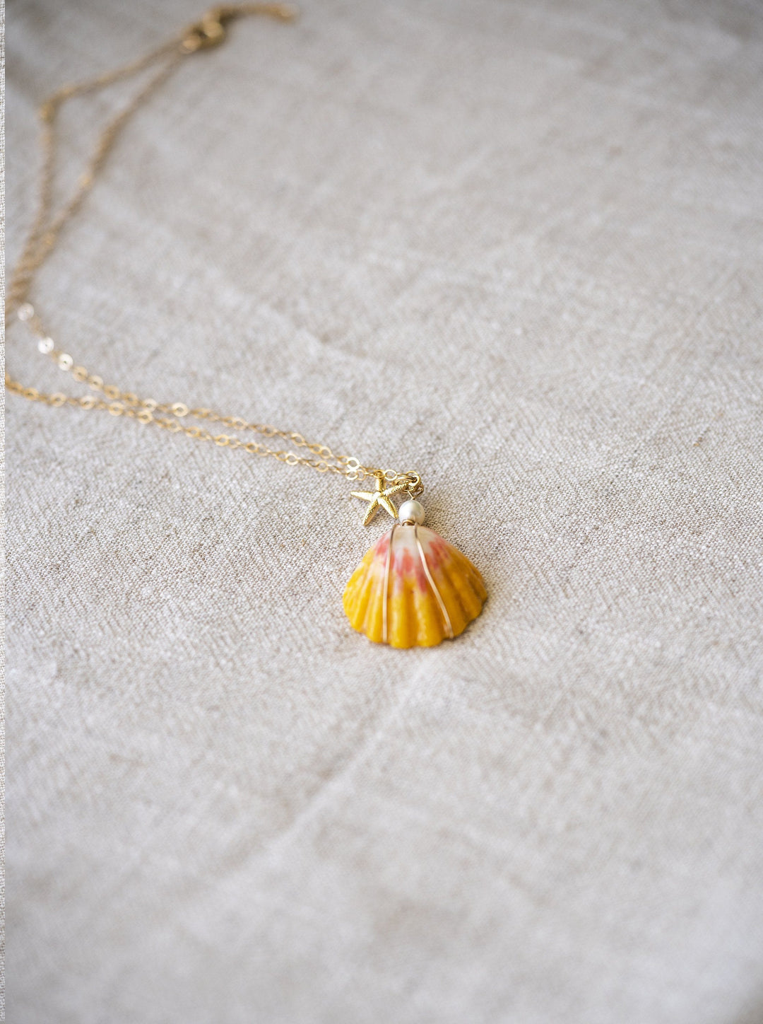 Hawaiian Sunrise Shell with Fresh Water Pearls and Starfish Charm necklace  14 KT Gold filled